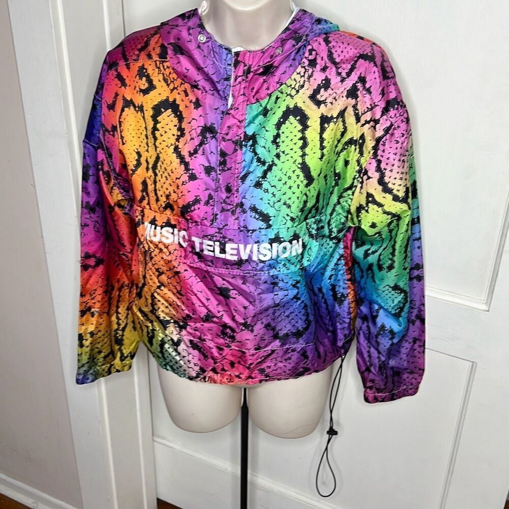 Vintage MTV Snakeskin Rainbow Hooded Windbreaker Jacket 1/4 Zip Size Medium 🔥